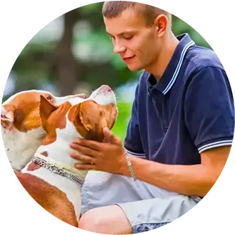 A young man in a polo shirt pets two dogs outdoors.