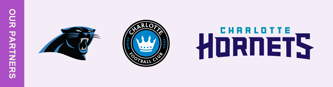 Logos for the Carolina Panthers, Charlotte FC, and Charlotte Hornets displayed side-by-side under the heading “Our Partners.”