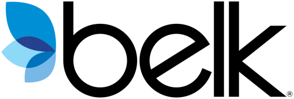 Belk logo featuring a blue leaf-shaped icon to the left of the lowercase text.