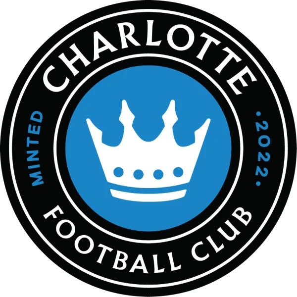 Charlotte Football Club logo featuring a white crown on a blue circle surrounded by black text that reads “CHARLOTTE FOOTBALL CLUB,” “MINTED,” and “2022.”