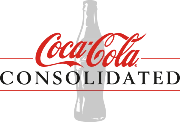 Coca-Cola Consolidated logo with the red Coca-Cola script above the word “CONSOLIDATED” in black capital letters, centered over a faint grey silhouette of a glass bottle.