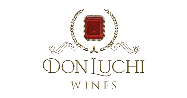 Logo for Don Luchi Wines featuring a red rectangular gemstone inside a golden laurel wreath above the brand name.