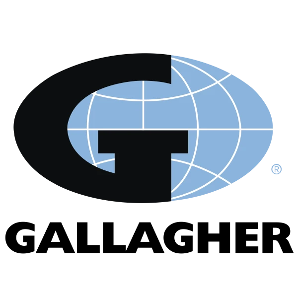 Gallagher corporate logo featuring a large black letter G overlaid on a light blue globe, with the company name written in bold, black capital letters underneath.