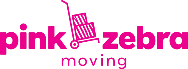 Logo for Pink Zebra Moving featuring the company name and an icon of a hand truck carrying two boxes.
