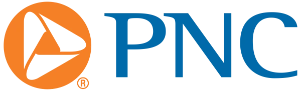 PNC logo featuring an orange circle with a white abstract triangle shape next to the blue text “PNC.”