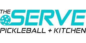 Logo for The Serve Pickleball + Kitchen, featuring a stylized pickleball replacing the letter “O”.