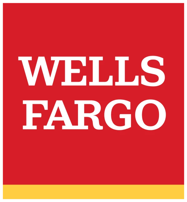 Wells Fargo logo with white text on a red background and a thin yellow horizontal bar at the bottom.